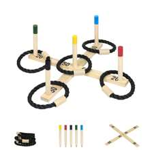 LILIIN Throwing Game Ring Toss Game Set Made Of Wood With 5 Game Sticks, 5 Rings And 1x Throwing Disc, Outdoor Wooden Toy For The Garden For Adults. Ring Toss Toy For Family Parties In The Garden, Swimming Pool Toy Suitable For Pool Games, Pool Parties - Apricot - View 1