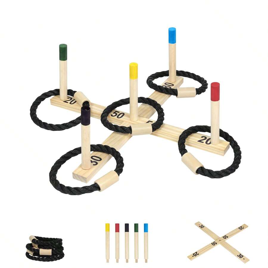 LILIIN Throwing Game Ring Toss Game Set Made Of Wood With 5 Game Sticks, 5 Rings And 1x Throwing Disc, Outdoor Wooden Toy For The Garden For Adults. Ring Toss Toy For Family Parties In The Garden, Swimming Pool Toy Suitable For Pool Games, Pool Parties - Apricot - View 1
