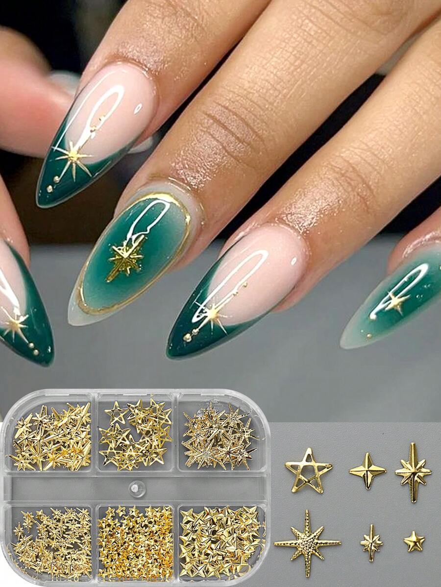 6 Grids 3D Stars Five-Pointed Star Metal Golden Jewelry Nail Charms Art Decoration Y2K Japanese Alloy Stick-On Manicure DIY Nail Supplies Nail Gems Nails