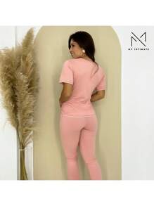 Women's Long Pajamas In Ribbed Suede With Short Sleeves And Lace Details
