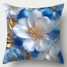 4pcs Floral Patterned Cushion Covers, Modern Style, Machine Washable, Zipper Closure, Woven Polyester, Floral Home Decor For Living Room, Blue And White Gifts Birthday Graduation