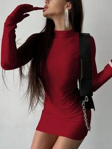 Women's Solid Color Long Sleeve Stand Collar Slim Fit Short Dress - Burgundy - View 3