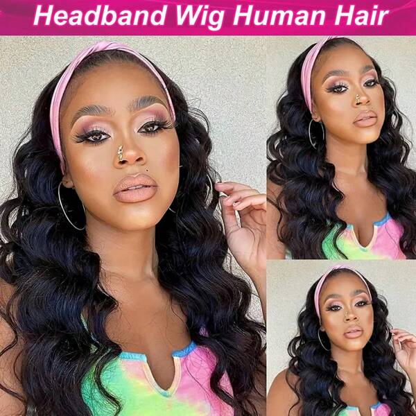 Peruka z opaską 12A Body Wave z ludzkich włosów Peruka z opaską bez kleju Peruki z ludzkich włosów 180% gęstości Maszyna wykonana bez koronki Peruka z opaską Naturalny czarny kolor