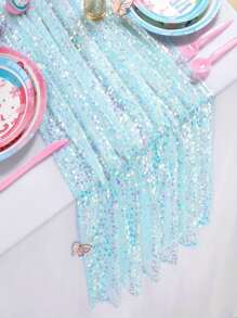 1pc Light Blue Mermaid Sequin Table Runner, Polyester Rectangular Shiny Tablecloth, Birthday Wedding Party Decor, Baby Shower Decor, Home Decor, Mermaid Theme Party Decor, Birthday Party Supplies, Underwater Theme Birthday Party, Dining Table Decor - Blue - View 2