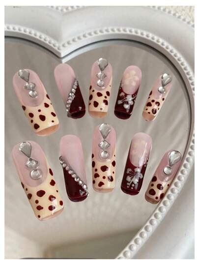 10片纯手工指甲方形黄色法式手绘小圆点红色斜面水钻手绘白花红色法式小水钻适合各种派对可送朋友可反复佩戴指甲按压式指甲美甲用品指甲