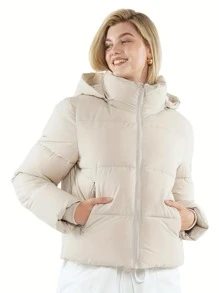 Women Puffer Jacket Hood Winter Water Repellent Wind-Resistant Ladies Classic Quilted Padded Coat Big Pocket - Cream - View 5