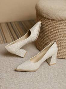 2025 春季新款尖头高跟鞋，优雅简约时尚女士粗跟浅口鞋 - 香檳色 - 查看 4