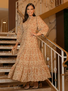 Long Dress With Long Sleeves Lese Cotton Mesh Social Party - 米色 - 查看 1