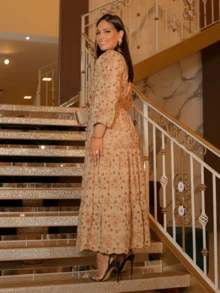 Long Dress With Long Sleeves Lese Cotton Mesh Social Party - 米色 - 查看 5