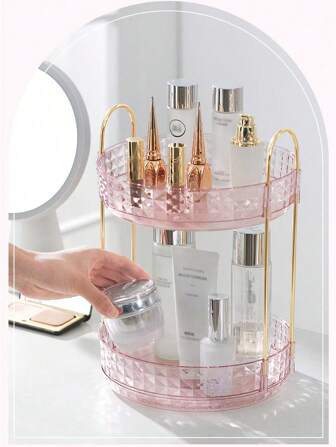 1pc 360° Rotating Makeup Organizer - DIY Adjustable Carousel Spinning Rack Cosmetics Display Rack Perfume Organiser, Spinning Bathroom Countertop Vanity Shelf, Table Decor,Ultra-Large Capacity Beauty Storage Box