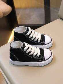 儿童休闲帆布鞋，舒适平底防滑男女童运动鞋，透气系带纯色女童帆布鞋 - 黑色 - 查看 6