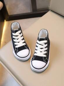 儿童休闲帆布鞋，舒适平底防滑男女童运动鞋，透气系带纯色女童帆布鞋 - 黑色 - 查看 4