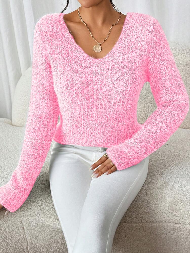 1 件女式露肩毛衣，时尚宽松 V 领柔软针织套头衫，女士百搭毛衣 - 粉色 - 查看 6