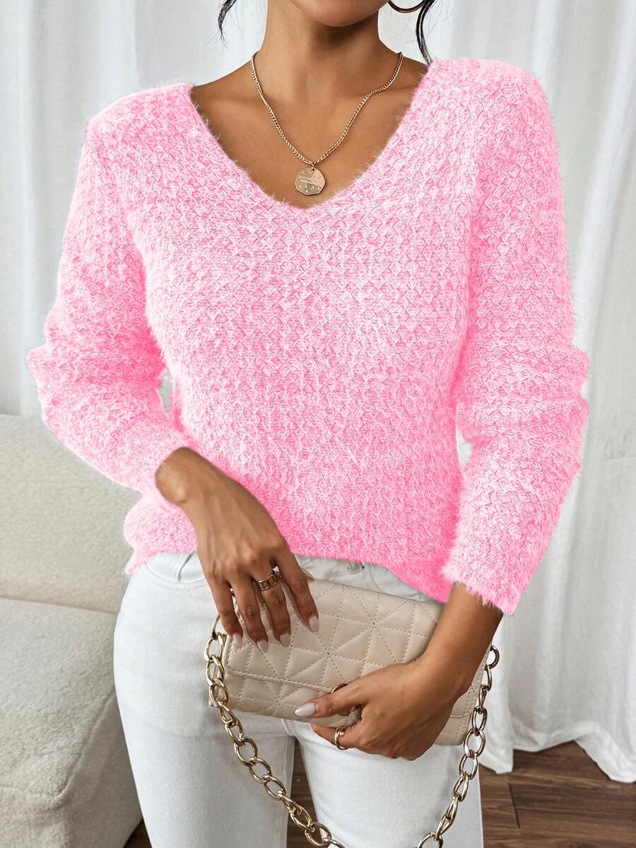 1pc Women's Off-The-Shoulder Sweater, Fashion Loose V-Neck Soft Knit Pullover Top, Versatile & Gentle Pink Fall - Pink - View 1