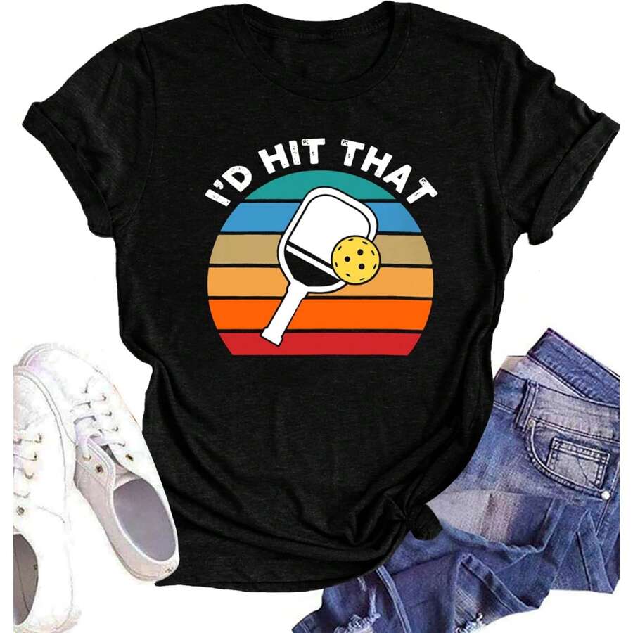 Pickleball Shirt Women Pickleball Player T-Shirts I'd Hit That Racquetball Tees Pickle Ball Lovers Gift Blouse Tops - Black - View 1
