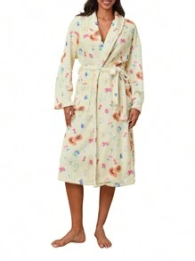 Bata de franela para mujer, con estampado floral, cuello chal, para hotel, spa, fiesta, kimono con cinturón - Amarillo - Ver 2