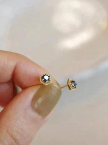 1 Pair S925 Sterling Silver Blue Zirconia Hexagon Stud Earrings, Elegant Luxury Jewelry Gift For Women, Friendship, Students, Festivals - Hollow Hexagon - View 3