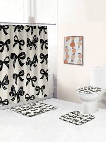 1pc/4pcs Black Bow Functional Bathroom Decor Set: Waterproof Shower Curtain With 12 Hooks, Anti-Slip Bath Mat, U-Shaped Toilet Mat, Round Toilet Lid Cover, All-Scene Bathroom Set Fall Decor Bathroom Accessories Back To School