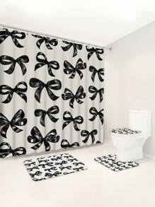 1pc/4pcs Black Bow Functional Bathroom Decor Set: Waterproof Shower Curtain With 12 Hooks, Anti-Slip Bath Mat, U-Shaped Toilet Mat, Round Toilet Lid Cover, All-Scene Bathroom Set Fall Decor Bathroom Accessories Back To School