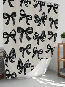 1pc/4pcs Black Bow Functional Bathroom Decor Set: Waterproof Shower Curtain With 12 Hooks, Anti-Slip Bath Mat, U-Shaped Toilet Mat, Round Toilet Lid Cover, All-Scene Bathroom Set Fall Decor Bathroom Accessories Back To School