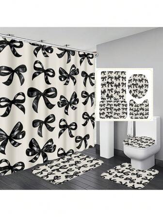 1pc/4pcs Black Bow Functional Bathroom Decor Set: Waterproof Shower Curtain With 12 Hooks, Anti-Slip Bath Mat, U-Shaped Toilet Mat, Round Toilet Lid Cover, All-Scene Bathroom Set Fall Decor Bathroom Accessories Back To School