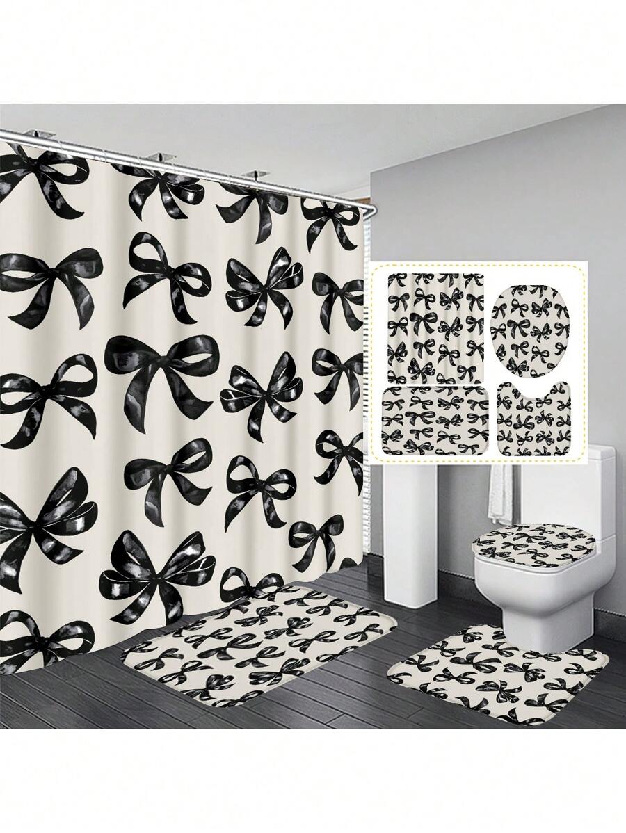 1pc/4pcs Black Bow Functional Bathroom Decor Set: Waterproof Shower Curtain With 12 Hooks, Anti-Slip Bath Mat, U-Shaped Toilet Mat, Round Toilet Lid Cover, All-Scene Bathroom Set Fall Decor Bathroom Accessories Back To School