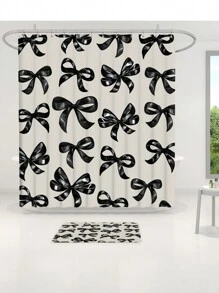 1pc/4pcs Black Bow Functional Bathroom Decor Set: Waterproof Shower Curtain With 12 Hooks, Anti-Slip Bath Mat, U-Shaped Toilet Mat, Round Toilet Lid Cover, All-Scene Bathroom Set Fall Decor Bathroom Accessories Back To School