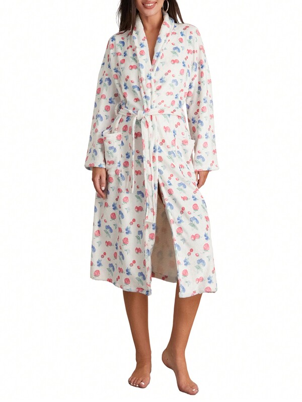 Women Dressing Gown Flannel Robe Floral Print Shawl Collar Bathrobe For Hotel Spa Party Kimono Robe With Belt
