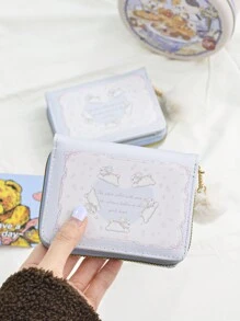 新款兔子设计女士短款双折拉链零钱包情人节女士钱包钱包小钱包可爱钱包 - 藍色 - 查看 1