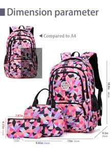 3pcs/Set Geometric Print Schoolbag For Girls, 15.6 Inch Laptop Backpack, Large Capacity Lightweight Travel Bag, Dual-Zipper Closure, Suitable For Daily Use And Travel, Back To School Gift - A - View 3