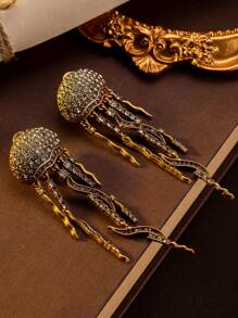 1 对复古水母吊坠耳环，长款水钻装饰耳环，奢华高端圣诞礼物