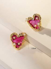 1对时尚优雅复古玫瑰红金属夸张心形耳环 - 送给闺蜜、情人节、母亲节的最佳礼物 - 玫紅色不對稱桃心耳環 - 查看 4