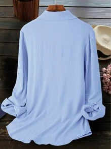 Plus Size Women Fashion Casual Embroidery Blouse - Blue - View 2