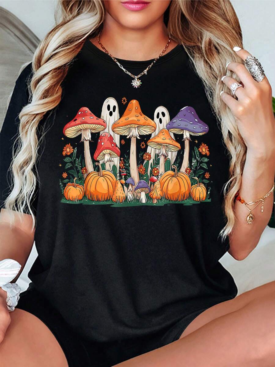 Women's Halloween Ghost Mushroom & Pumpkin Print, Round Neck T-Shirt, Casual Short Sleeve Tee, Daily & Sportswear Sportswear, Knit Fabric, Cartoon Graphic, All-Season Fashion Top - Black - View 1