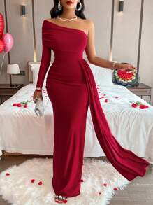 AIJ Amarilo Solid Color Asymmetric Neckline Elegant Ruffle Long Sleeve Dress Spring - Burgundy - View 6