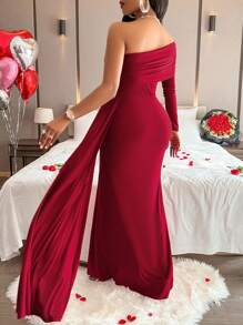 AIJ Amarilo Solid Color Asymmetric Neckline Elegant Ruffle Long Sleeve Dress Spring - Burgundy - View 2