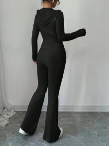 abyoxi Solid Color Hooded Zipper Long Sleeved Sports Style Top And Flared Pants Two Pieces Set, 2-Piece Set, Fashionable, Simple, Casual, Outdoor, Street, Sports, Daily, Spicy Girl, Fall/Winter Clothes For Women