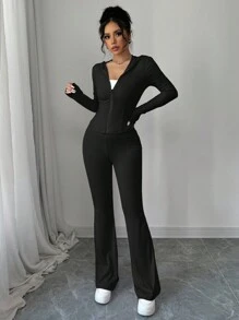 abyoxi Solid Color Hooded Zipper Long Sleeved Sports Style Top And Flared Pants Two Pieces Set, 2-Piece Set, Fashionable, Simple, Casual, Outdoor, Street, Sports, Daily, Spicy Girl, Fall/Winter Clothes For Women