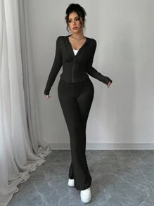 abyoxi Solid Color Hooded Zipper Long Sleeved Sports Style Top And Flared Pants Two Pieces Set, 2-Piece Set, Fashionable, Simple, Casual, Outdoor, Street, Sports, Daily, Spicy Girl, Fall/Winter Clothes For Women