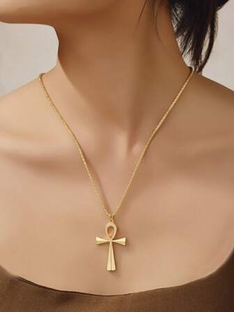 1pc New Style Bowknot Cross Necklace, Minimalist Vintage Egyptian Cross Pendant Necklace, & Edgy