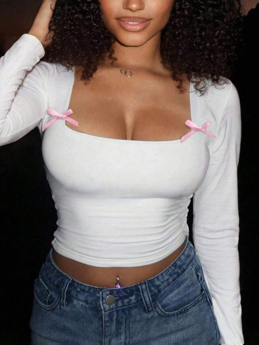 大码T恤，方领，性感舒适，休闲简约百搭，修身显瘦，适合春季、情人节、狂欢节、派对、沙滩等场合，白色 - 白色 - 查看 1