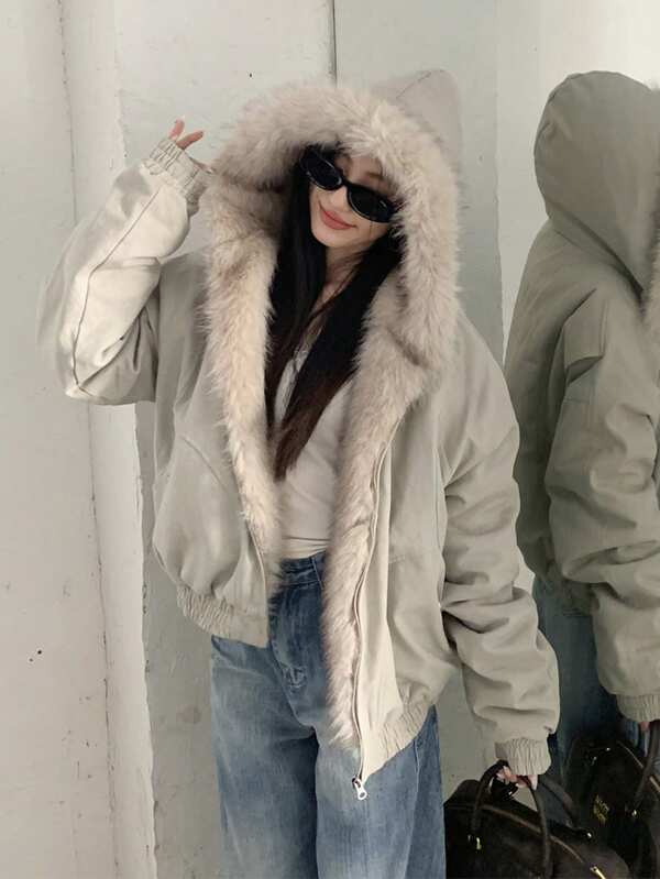 Washed Short American Casual Street Padded Coat With Detachable Collar, Unisex Deconstructed Style Street Wear