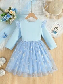 Vestido de tul de malla con contraste de copos de nieve para niña, estilo princesa del hielo, dulce - Celeste - Ver 2
