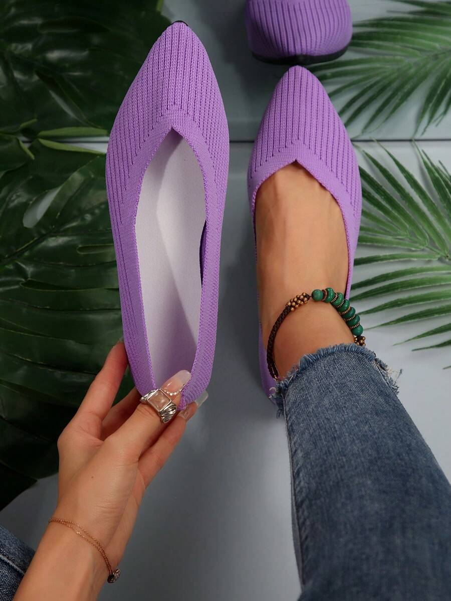 Women's Simple Pointed Toe Flats, Casual & Breathable Slip-On Shoes - Purple - View 1
