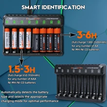 POWERKAN N8 AA/AAA 镍氢电池充电器，8 槽 LED 独立充电，通用 5V USB 镍氢电池智能充电器智能识别 1.2V 镍氢/镍镉 AA、AAA 电池充电器（不含电池）
