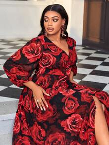 Plus Size V-Neck Long Sleeve Split Hem Floral Allover Print Dress - Red - View 6