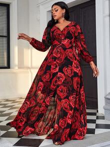 Plus Size V-Neck Long Sleeve Split Hem Floral Allover Print Dress - Red - View 3