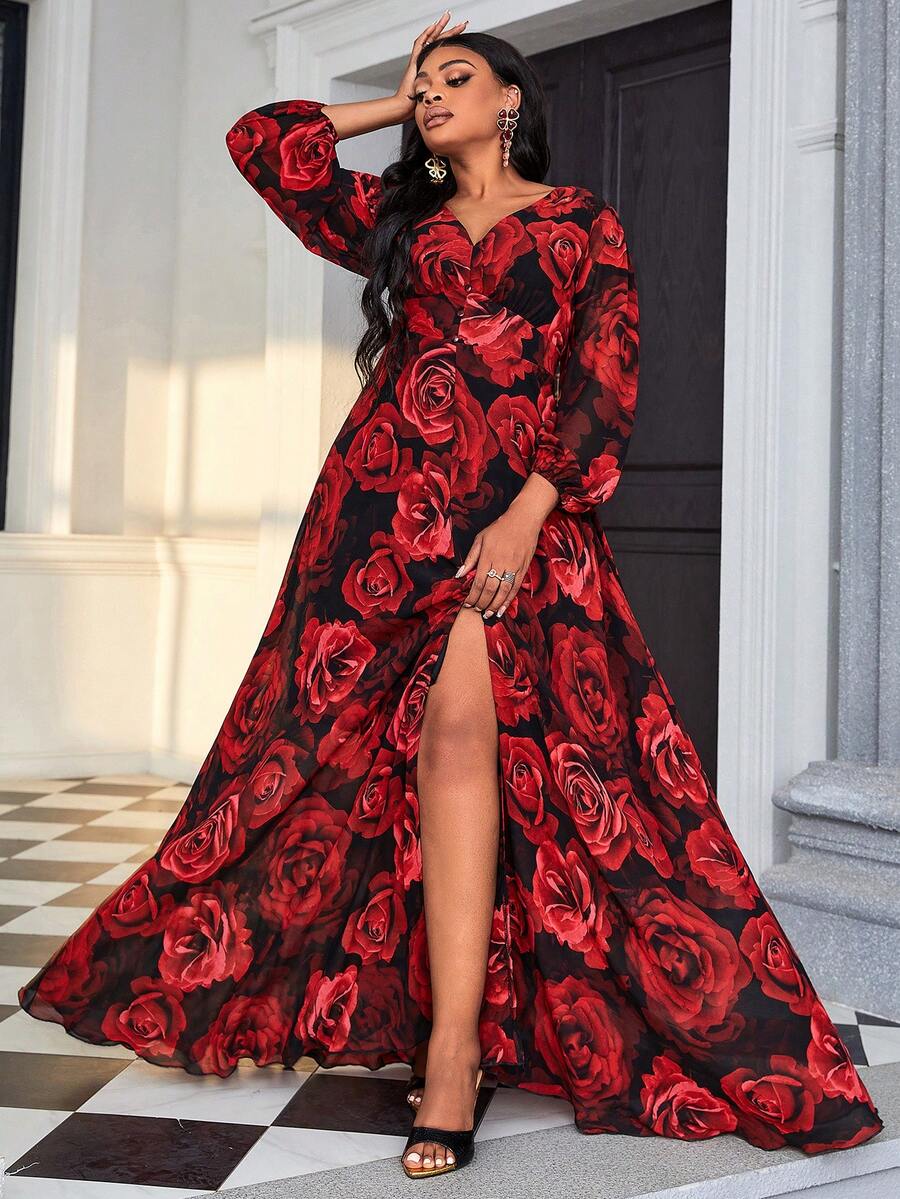 Plus Size V-Neck Long Sleeve Split Hem Floral Allover Print Dress - Red - View 1