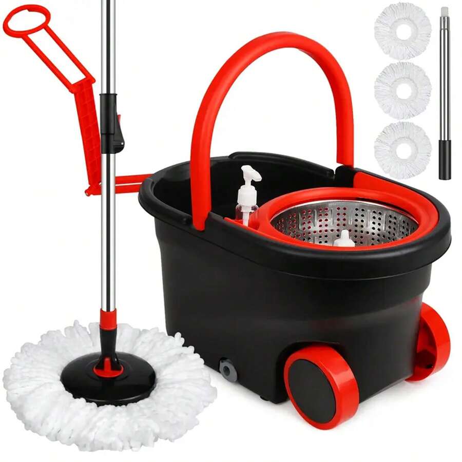 Spin Mop And Bucket With Wringer Set On Wheels, 360 Spinning Mop With Stainless Steel Handle For All Hard Surfaces, Floor Cleaning System With 3 Microfiber Replacement Heads, Black/Red - Black - View 1