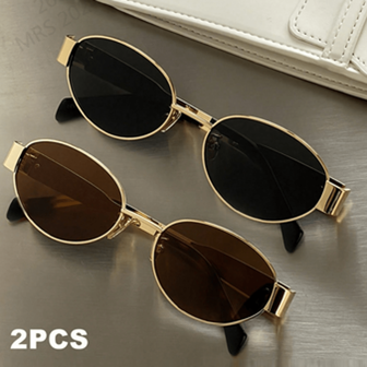 2pcs Women's Metal Frame Oval Fashionable Glasses, Suitable For Daily Wear For Summer Beach Vacation,Outdoor,Travel